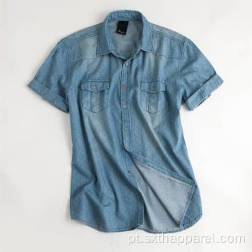 Camisetas masculinas laváveis ​​manga curta denim dobby